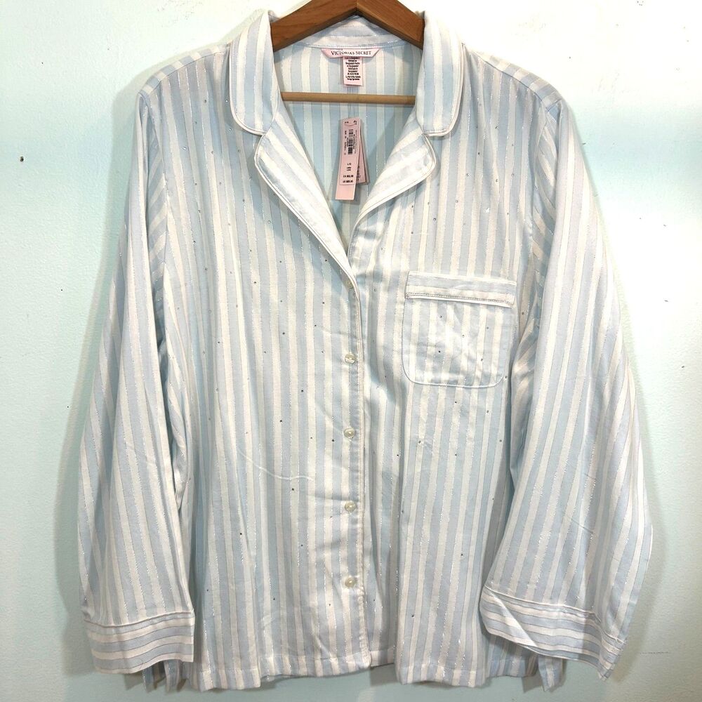 Victoria's Secret NWT Stripe Pajama Top Size L Sparkle Rhinestones Sleepwear